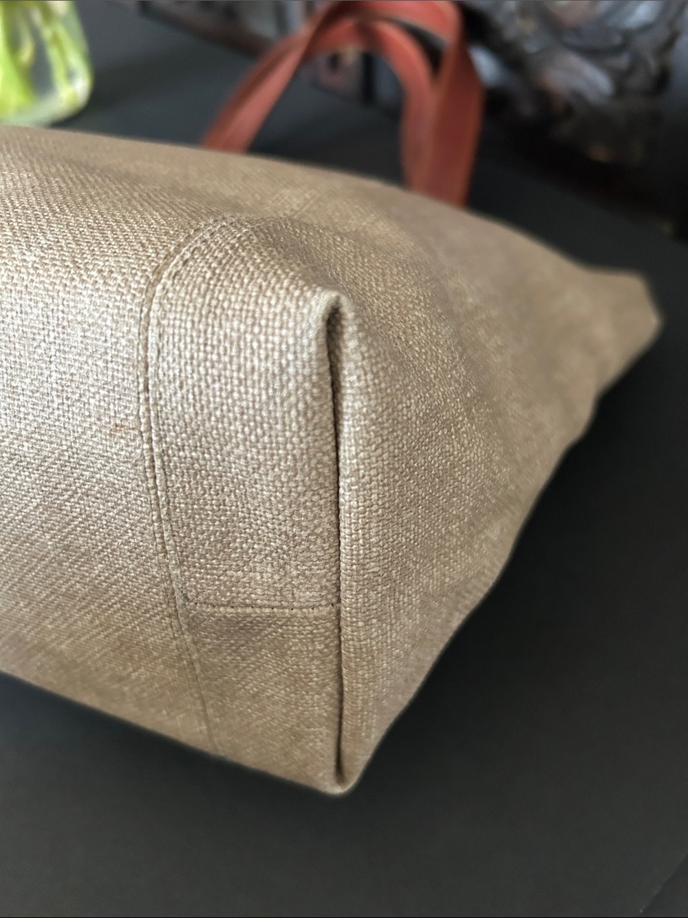 Beautiful Beige Canvas Tote with Brown Leather Straps - Picture 11 of 13